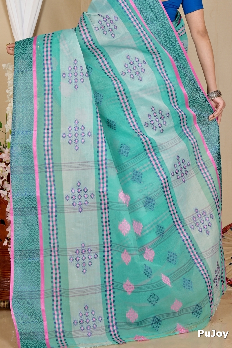 See Green Pure Cotton Krita Tant Saree (1692)