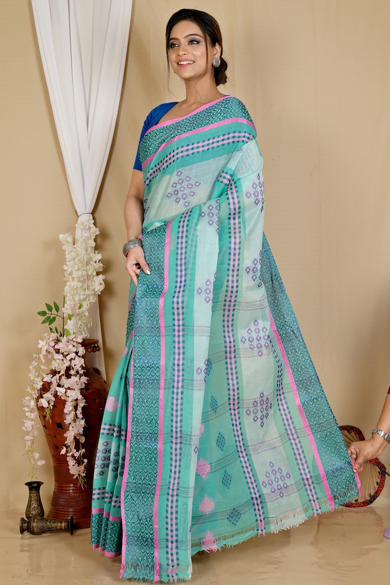 See Green Pure Cotton Krita Tant Saree (1692)