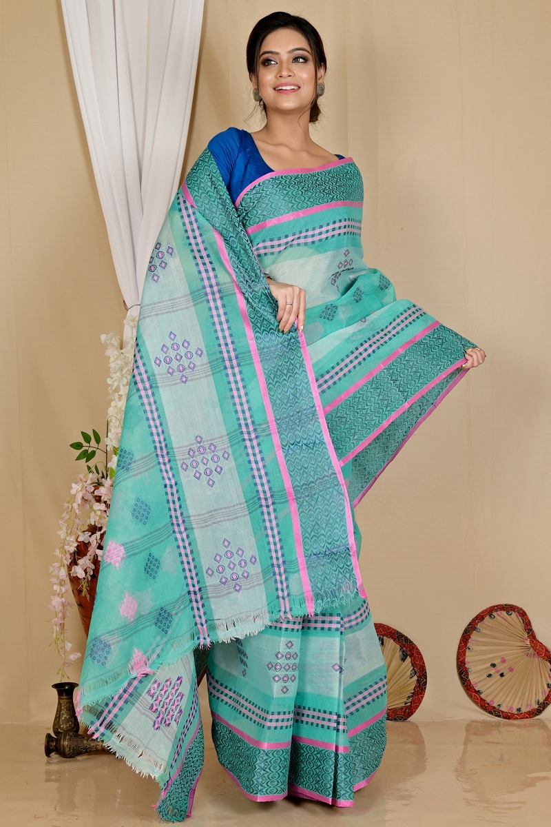 See Green Pure Cotton Krita Tant Saree (1692)