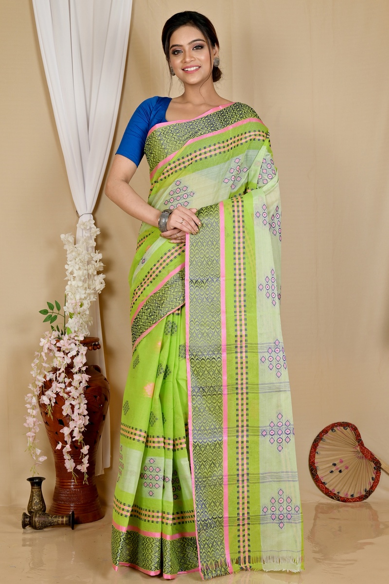 Green Pure Cotton Krita Tant Saree (1693)