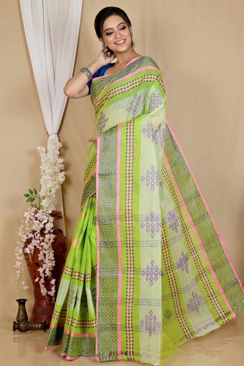 Green Pure Cotton Krita Tant Saree (1693)