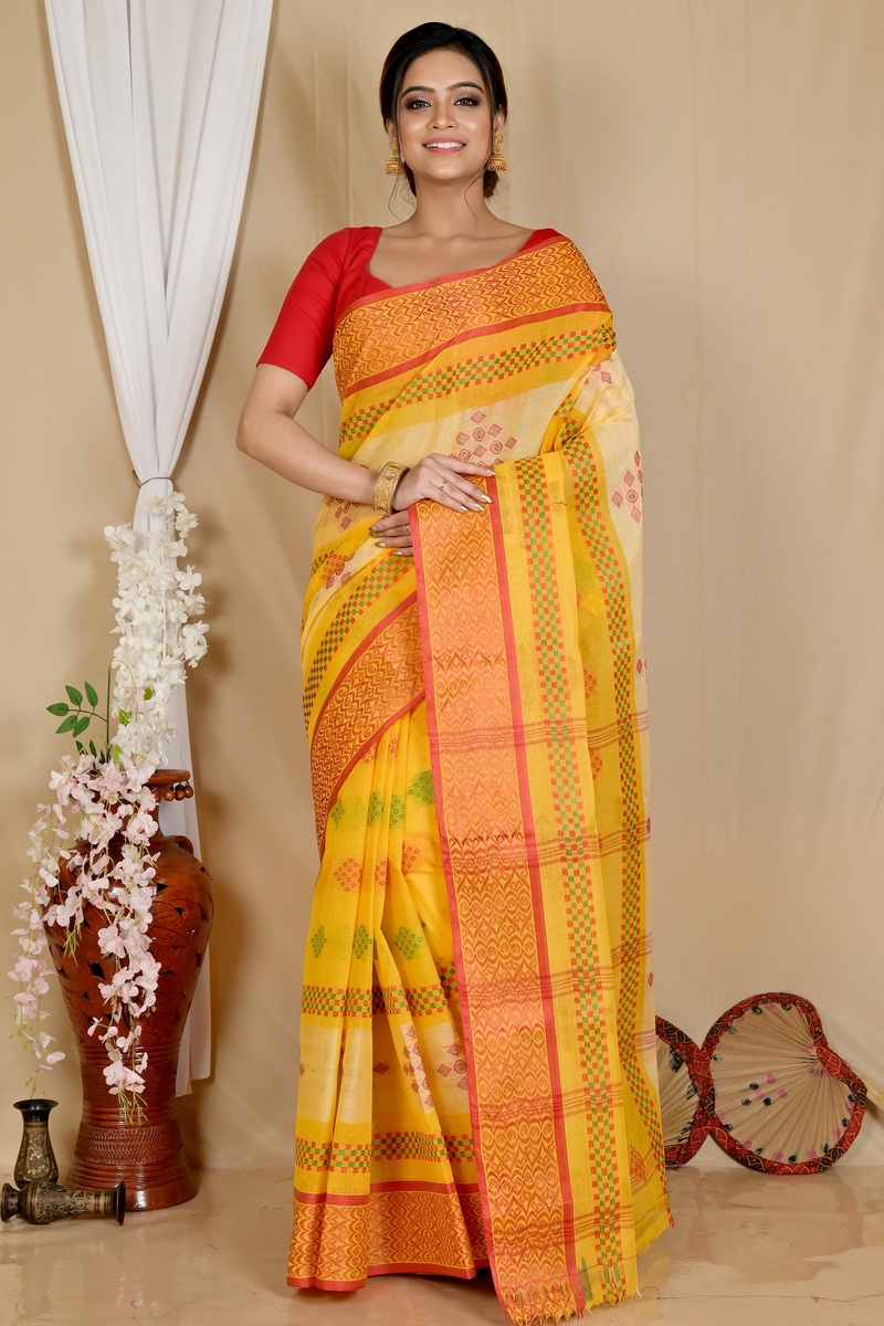 Yellow Pure Cotton Krita Tant Saree (1694)