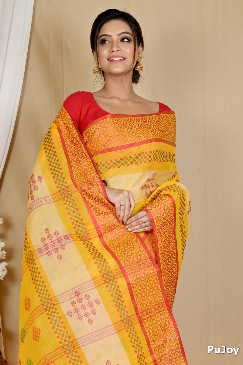 Yellow Pure Cotton Krita Tant Saree (1694)
