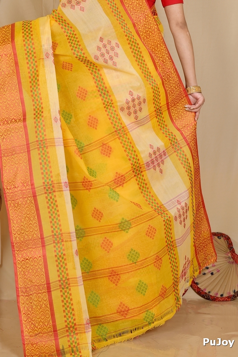 Yellow Pure Cotton Krita Tant Saree (1694)