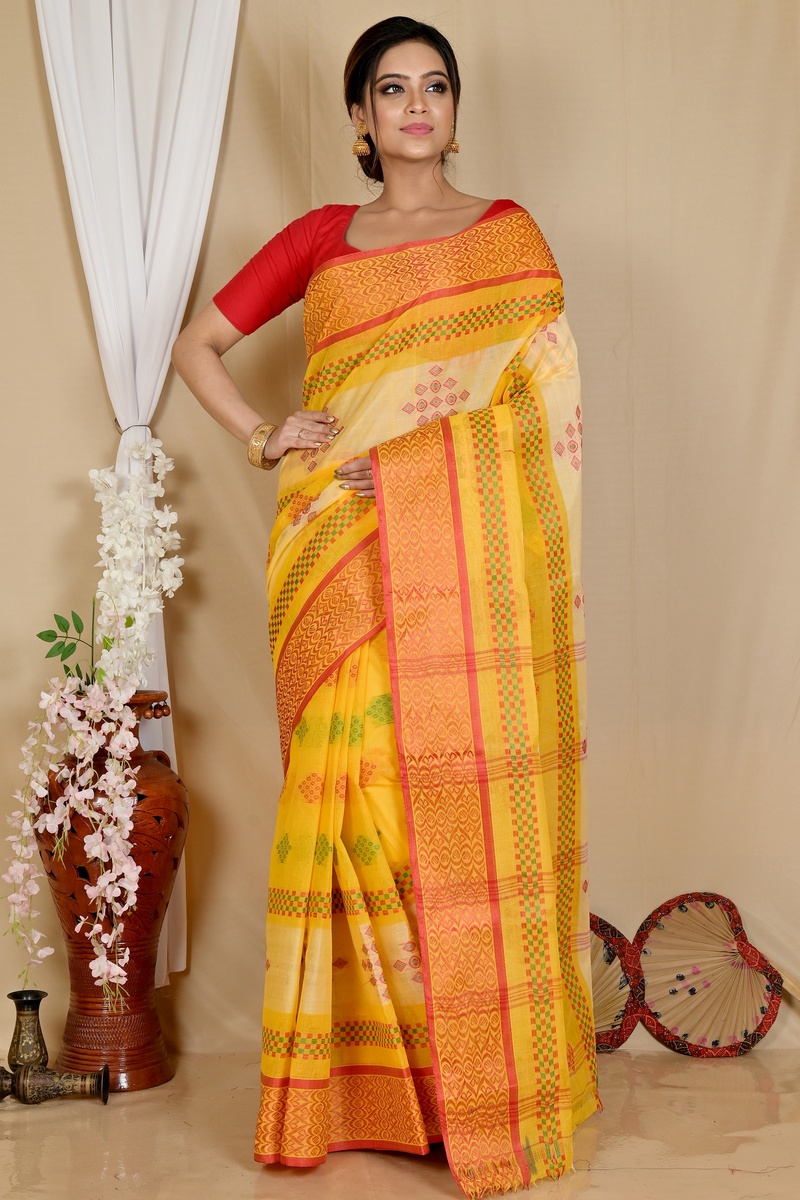 Yellow Pure Cotton Krita Tant Saree (1694)