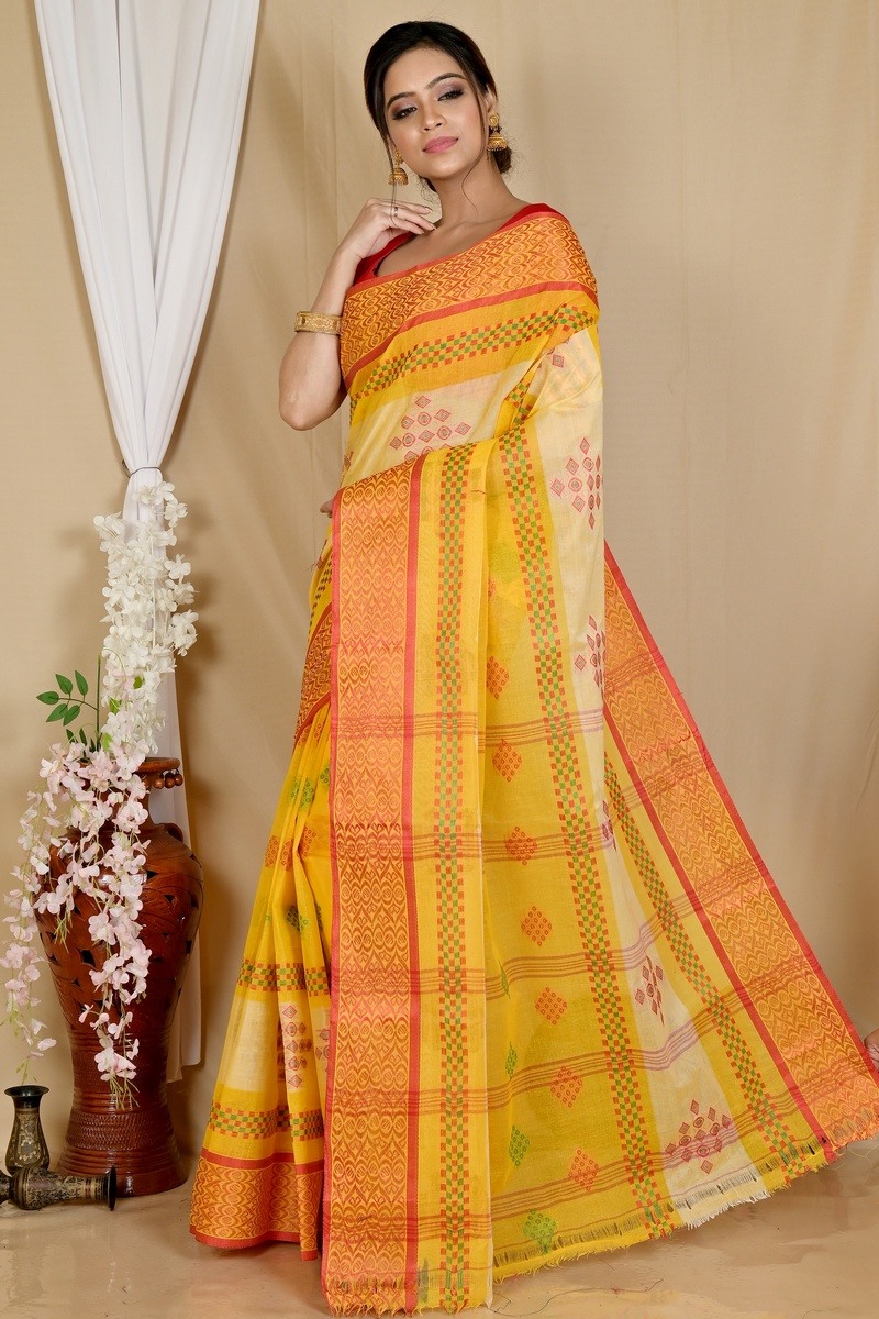 Yellow Pure Cotton Krita Tant Saree (1694)