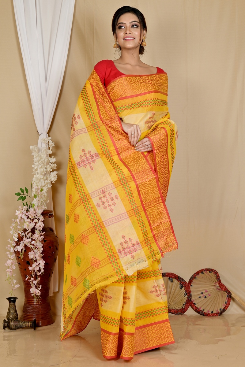 Yellow Pure Cotton Krita Tant Saree (1694)