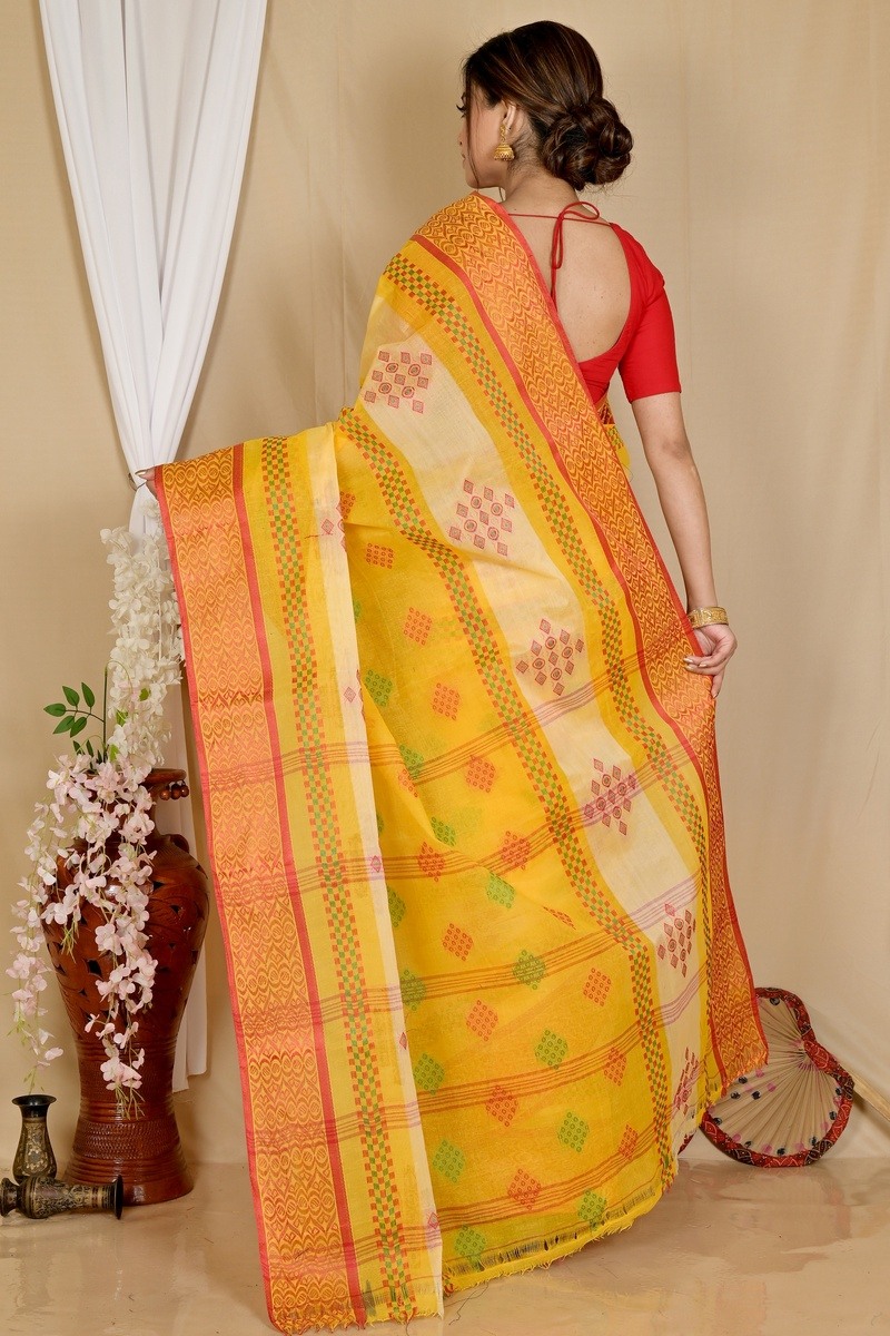 Yellow Pure Cotton Krita Tant Saree (1694)