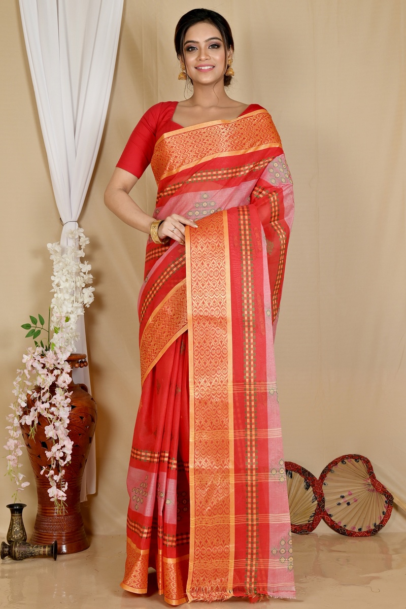 Red Pure Cotton Krita Tant Saree (1695)