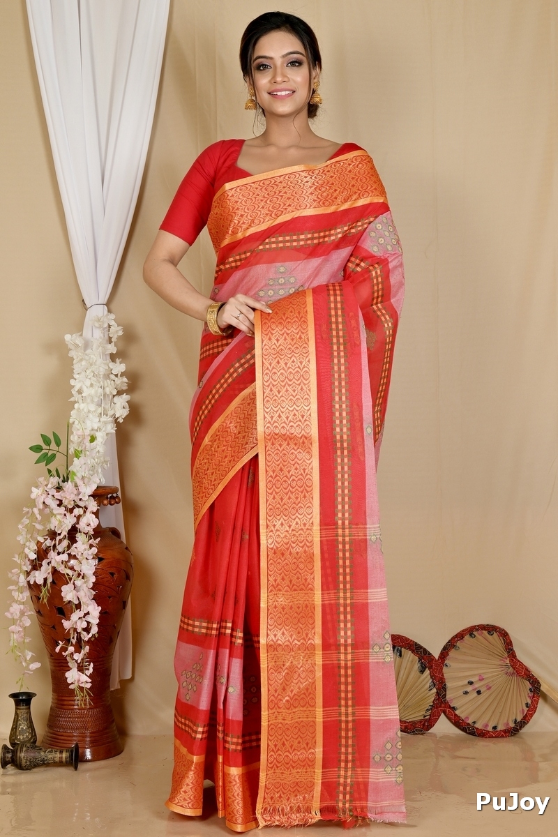 Red Pure Cotton Krita Tant Saree (1695)
