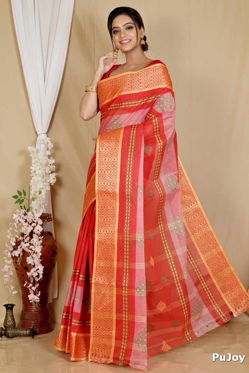Red Pure Cotton Krita Tant Saree (1695)