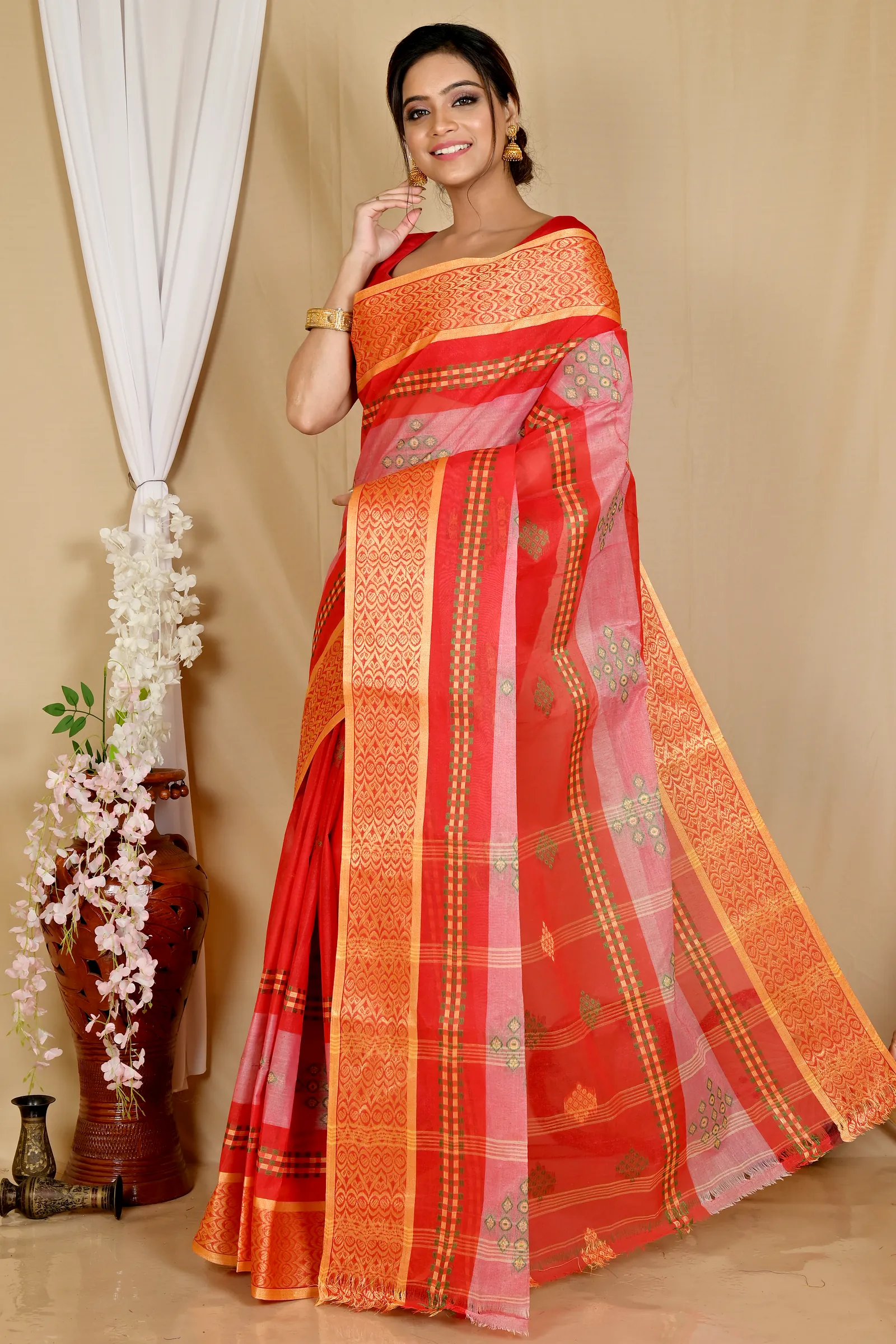 Red Pure Cotton Krita Tant Saree (1695)