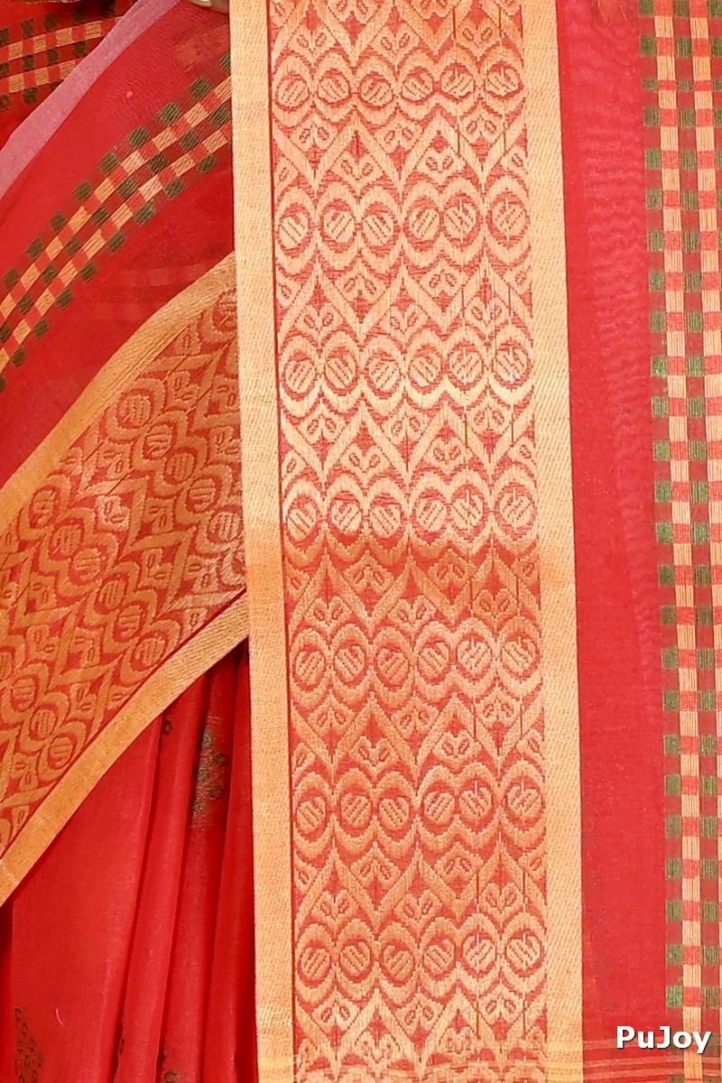 Red Pure Cotton Krita Tant Saree (1695)