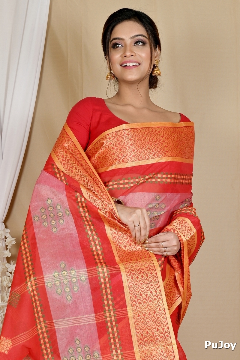 Red Pure Cotton Krita Tant Saree (1695)