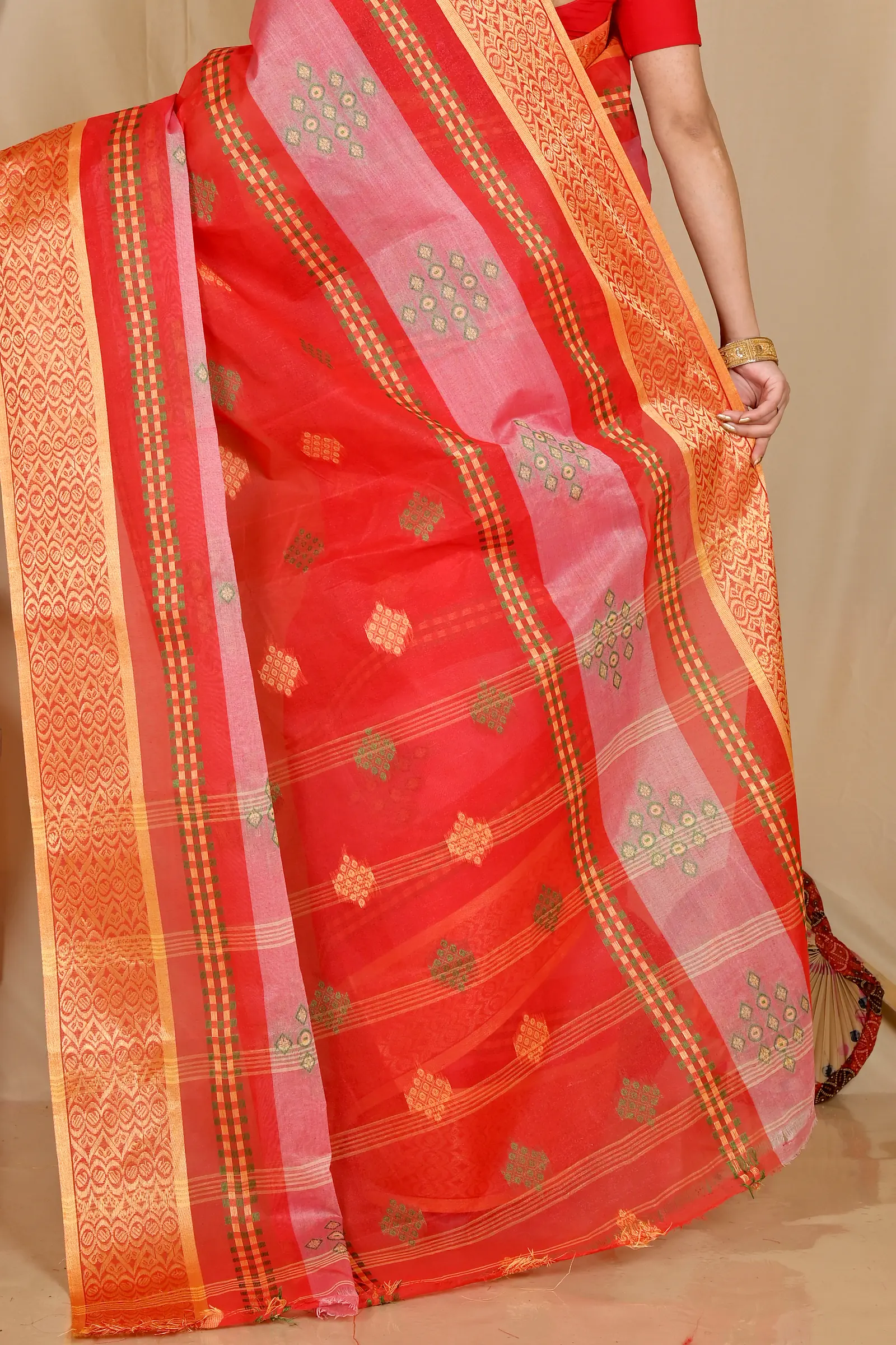 Red Pure Cotton Krita Tant Saree (1695)
