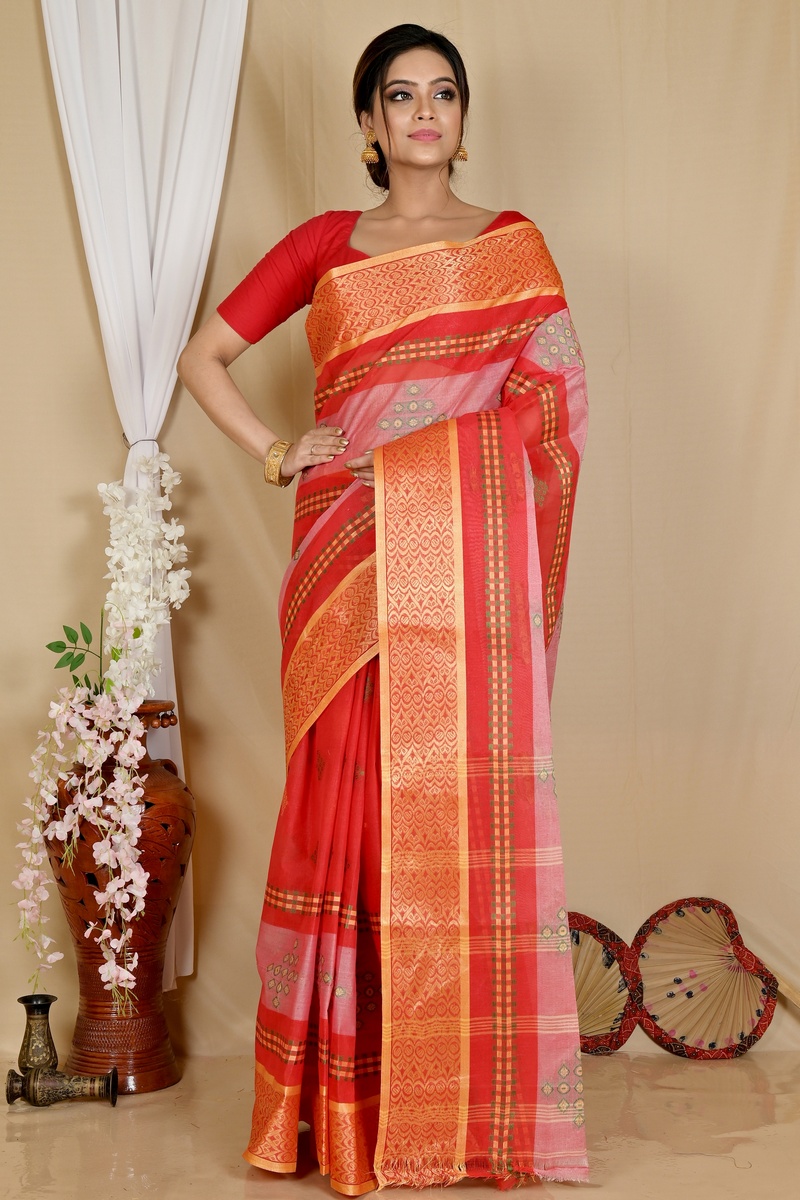 Red Pure Cotton Krita Tant Saree (1695)