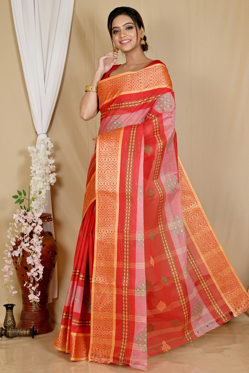 Red Pure Cotton Krita Tant Saree (1695)