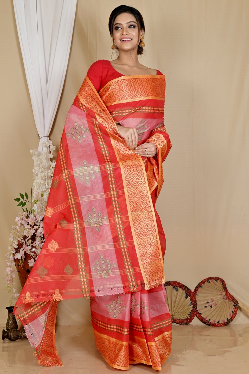 Red Pure Cotton Krita Tant Saree (1695)