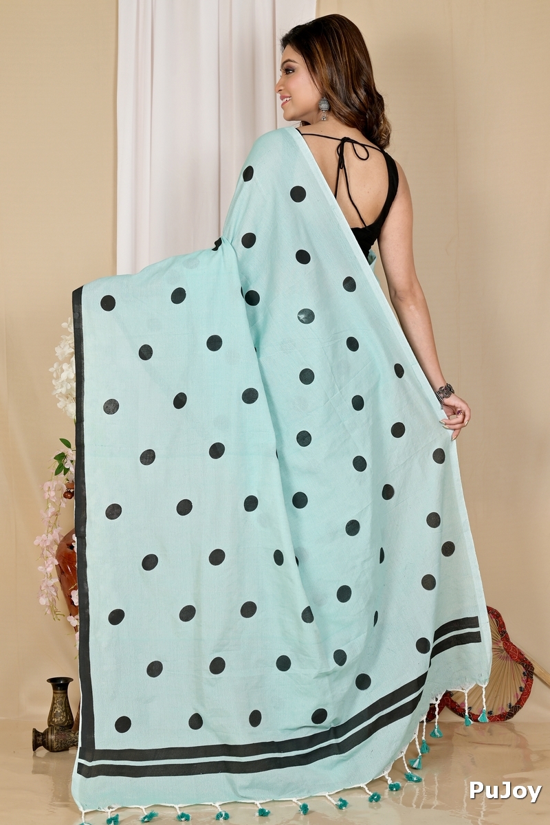 See Green Pure Cotton Tip Hand Loom Saree (1696)