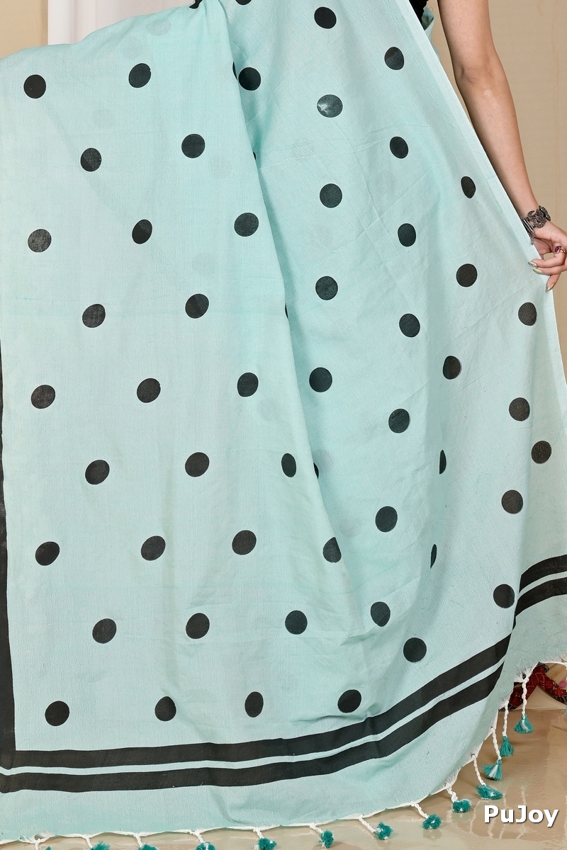 See Green Pure Cotton Tip Hand Loom Saree (1696)