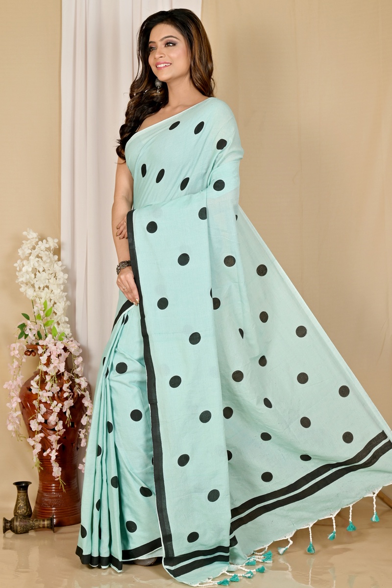 See Green Pure Cotton Tip Hand Loom Saree (1696)