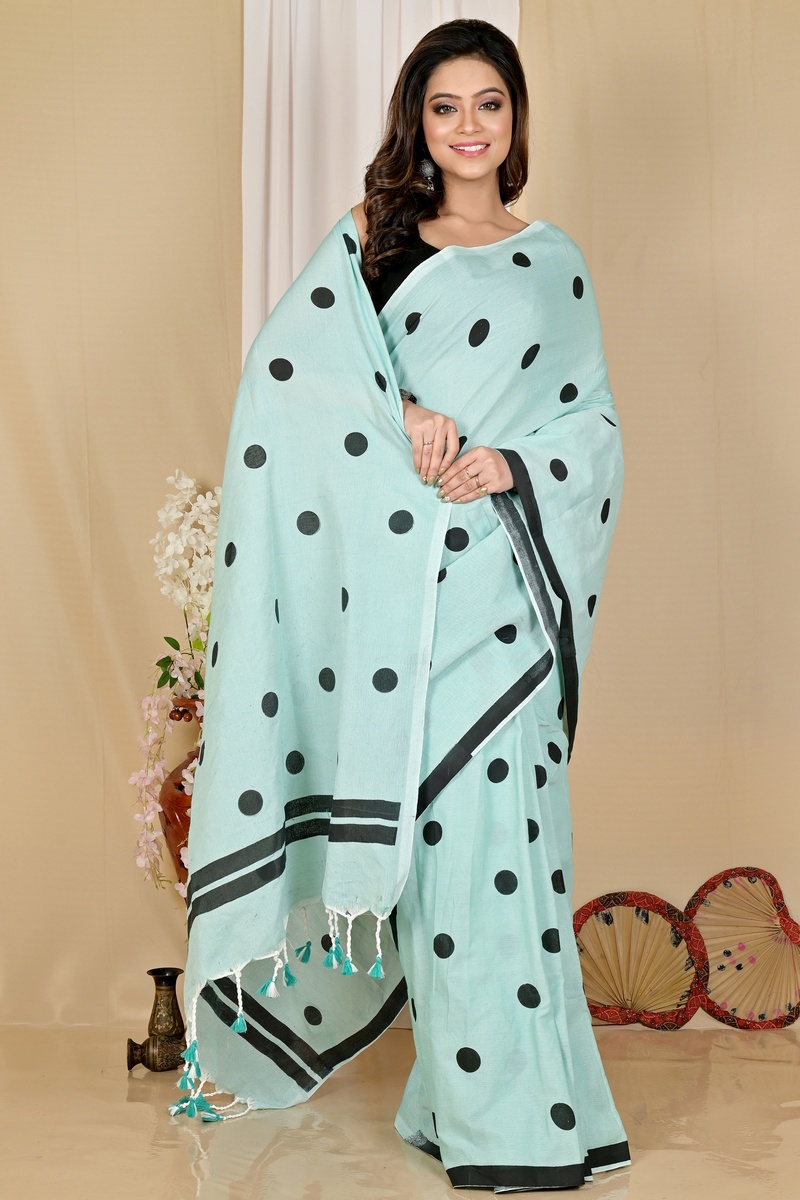 See Green Pure Cotton Tip Hand Loom Saree (1696)