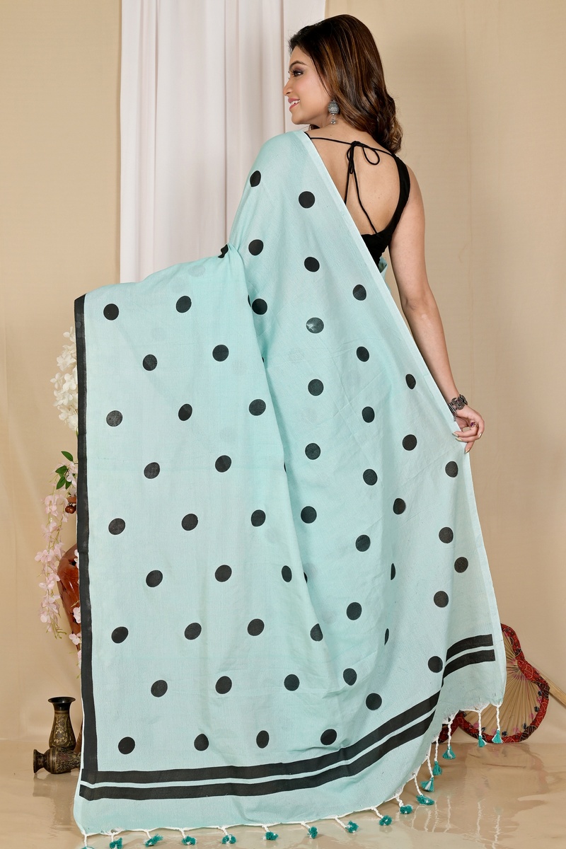 See Green Pure Cotton Tip Hand Loom Saree (1696)