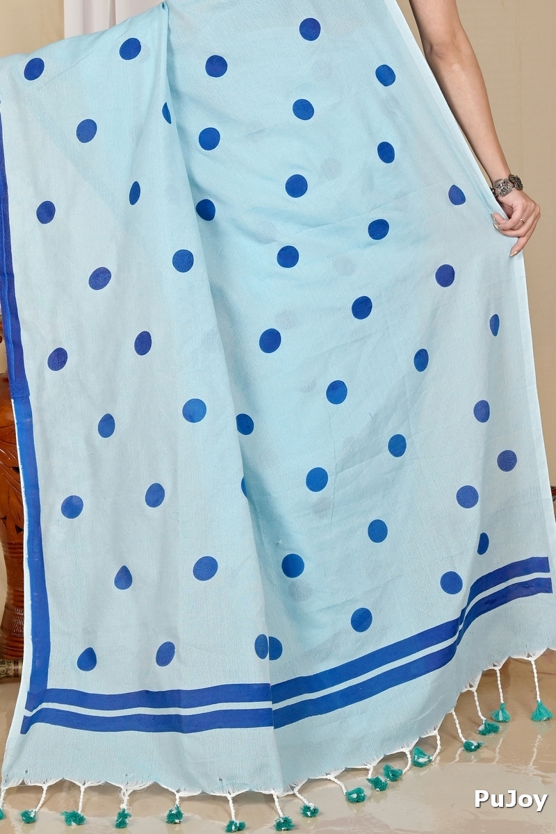 Sky Blue Pure Cotton Tip Hand Loom Saree (1698)