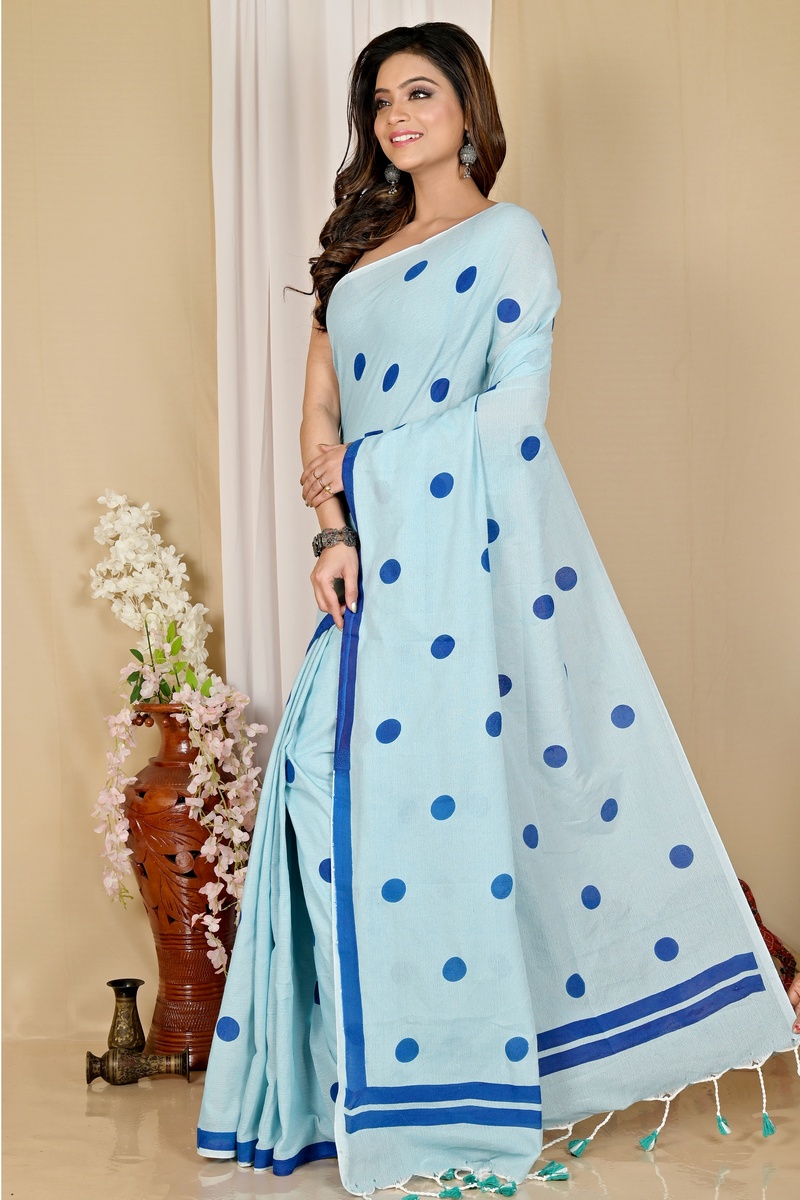 Sky Blue Pure Cotton Tip Hand Loom Saree (1698)