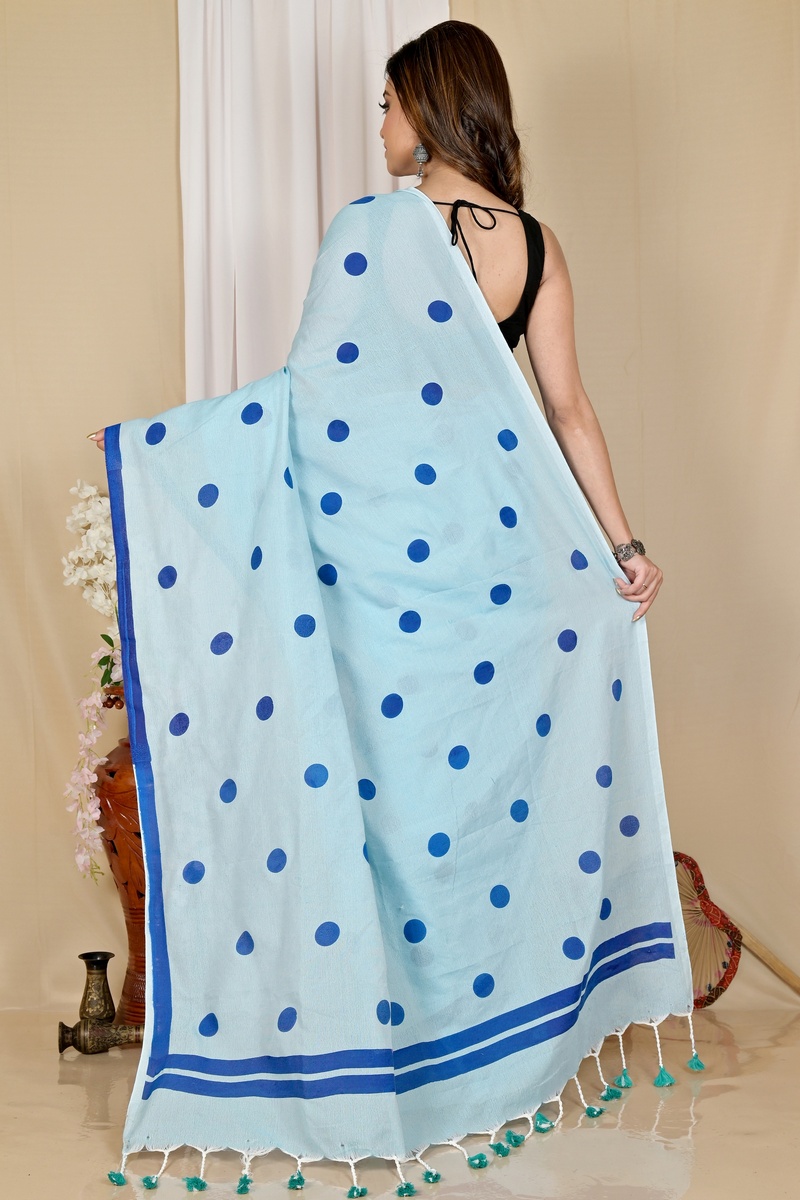 Sky Blue Pure Cotton Tip Hand Loom Saree (1698)
