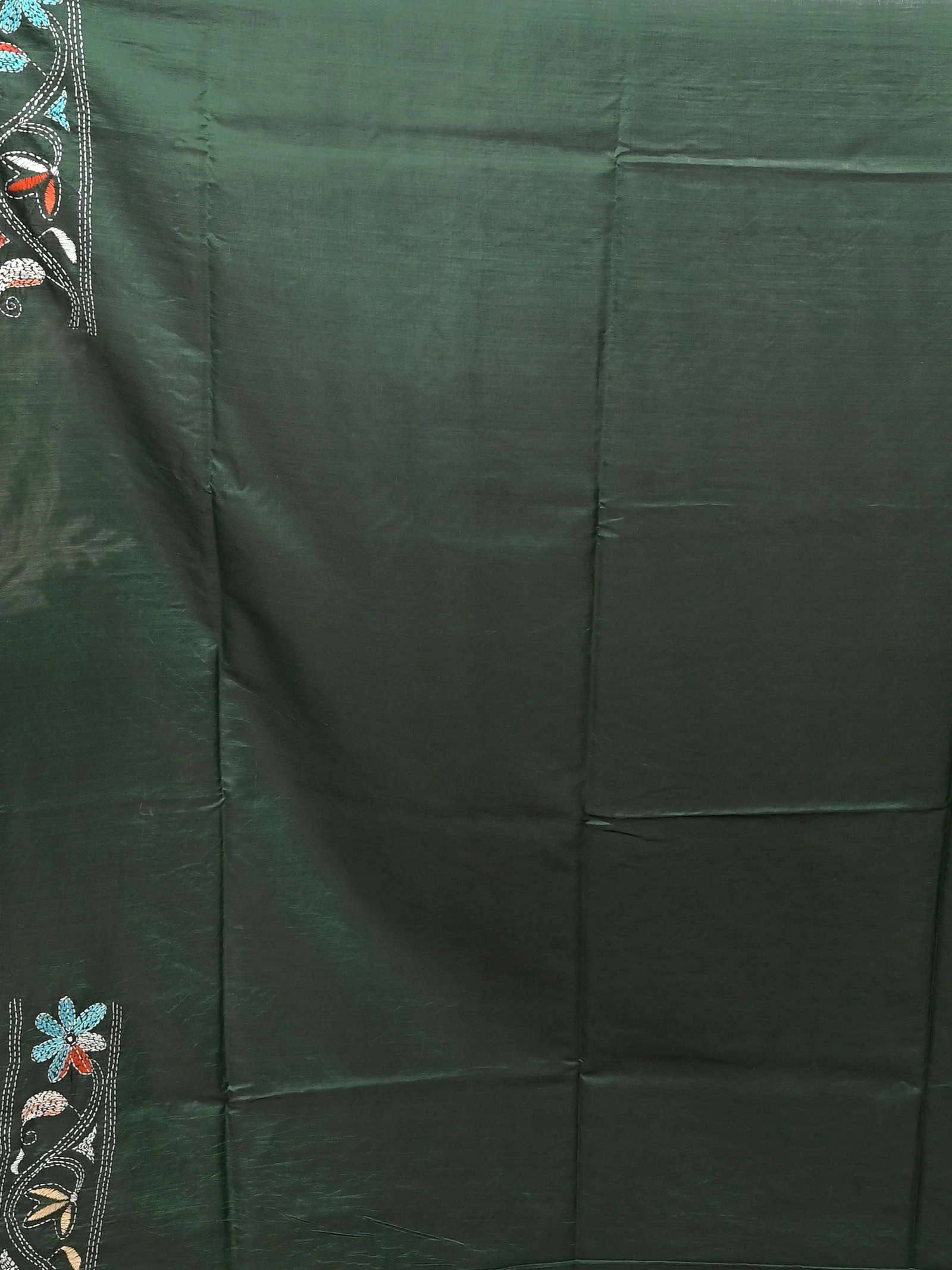 Dark Green Cotton Bolpur Kantha Stitch Saree (17)