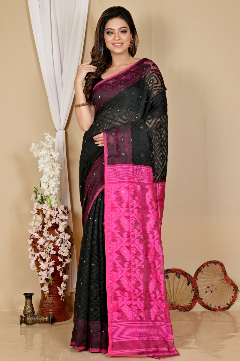 Black Purple Blended Cotton Krokai Jamdani Saree (1701)