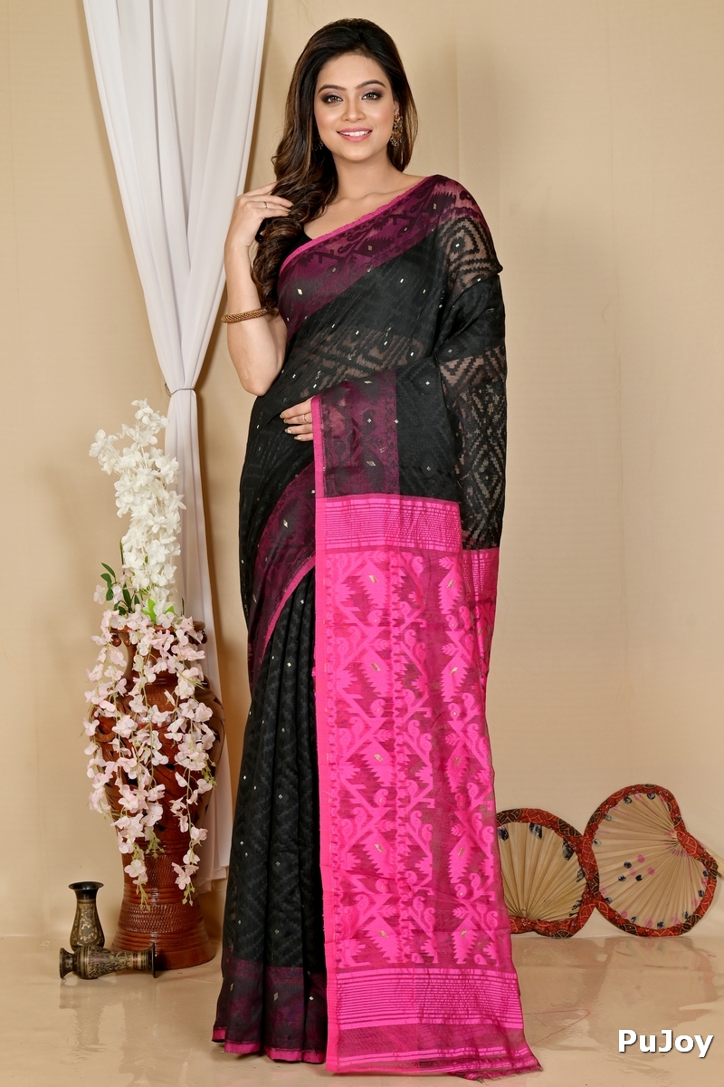 Black Purple Blended Cotton Krokai Jamdani Saree (1701)
