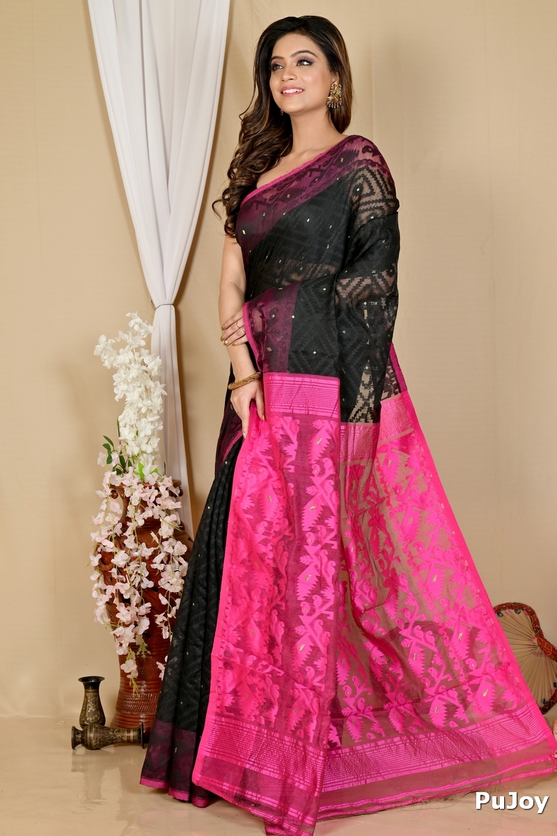 Black Purple Blended Cotton Krokai Jamdani Saree (1701)