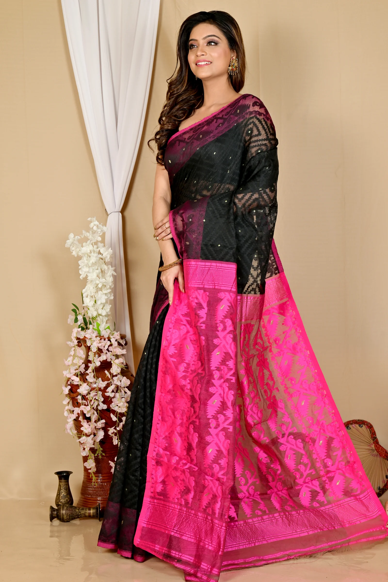 Black Purple Blended Cotton Krokai Jamdani Saree (1701)