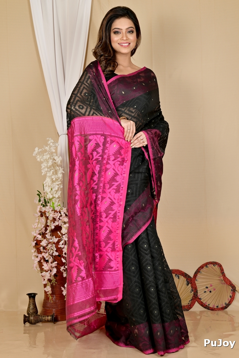 Black Purple Blended Cotton Krokai Jamdani Saree (1701)