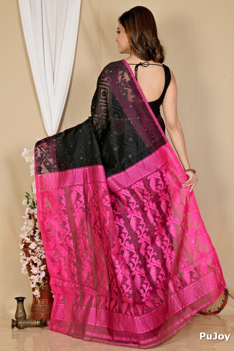 Black Purple Blended Cotton Krokai Jamdani Saree (1701)