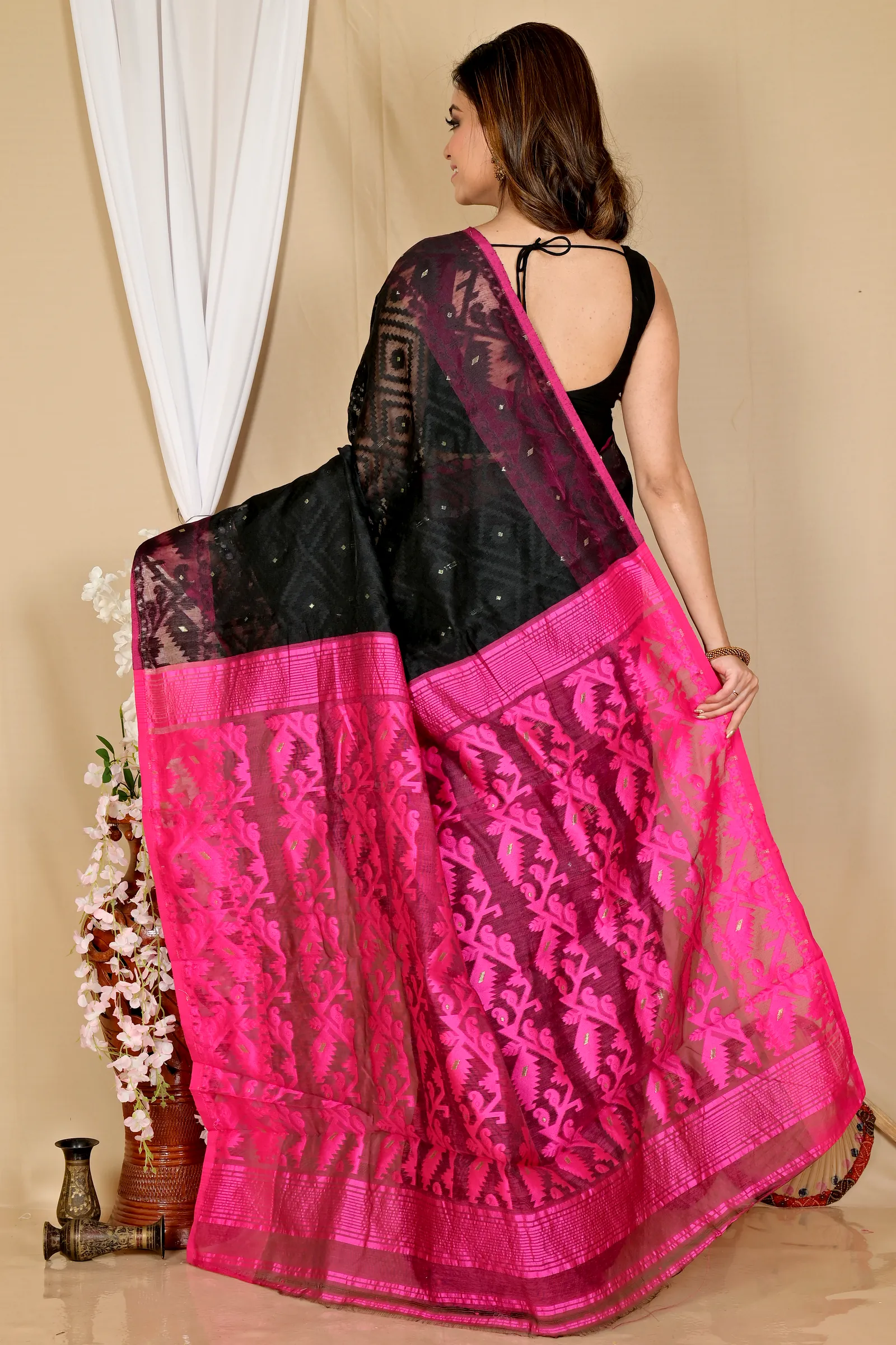 Black Purple Blended Cotton Krokai Jamdani Saree (1701)