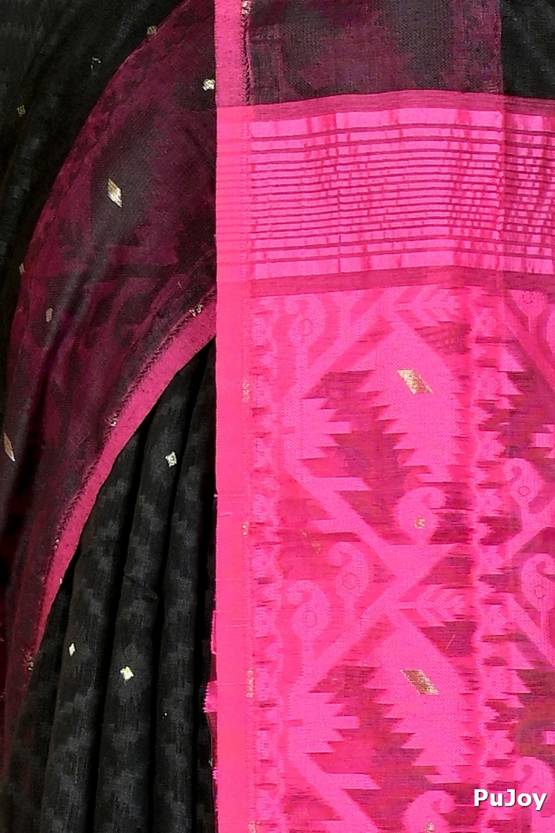 Black Purple Blended Cotton Krokai Jamdani Saree (1701)