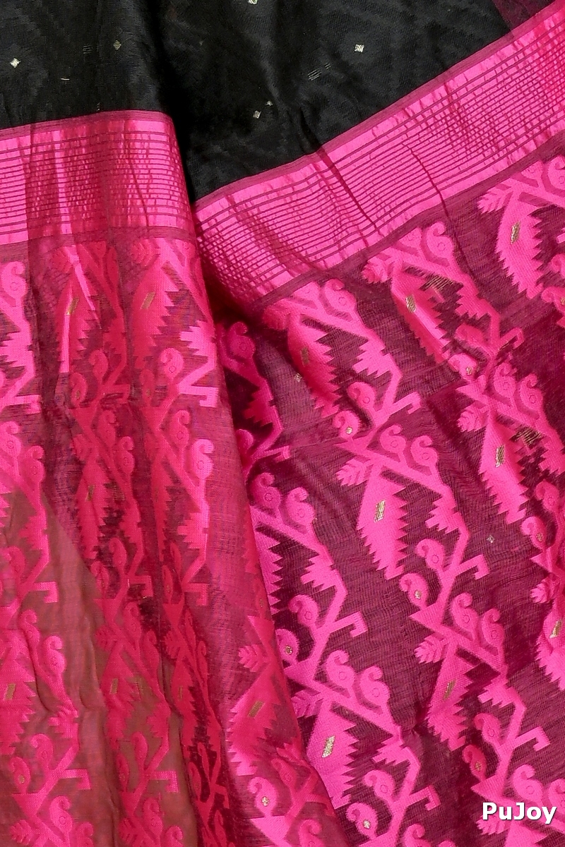 Black Purple Blended Cotton Krokai Jamdani Saree (1701)