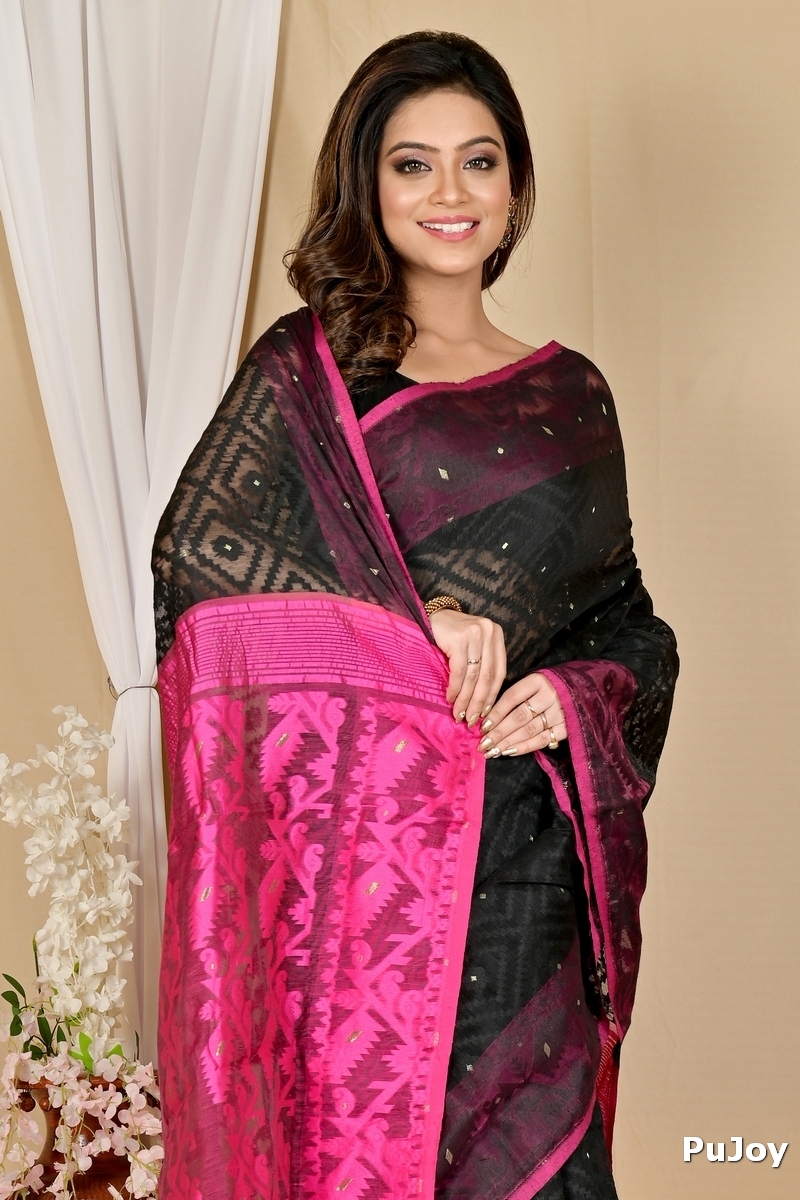 Black Purple Blended Cotton Krokai Jamdani Saree (1701)