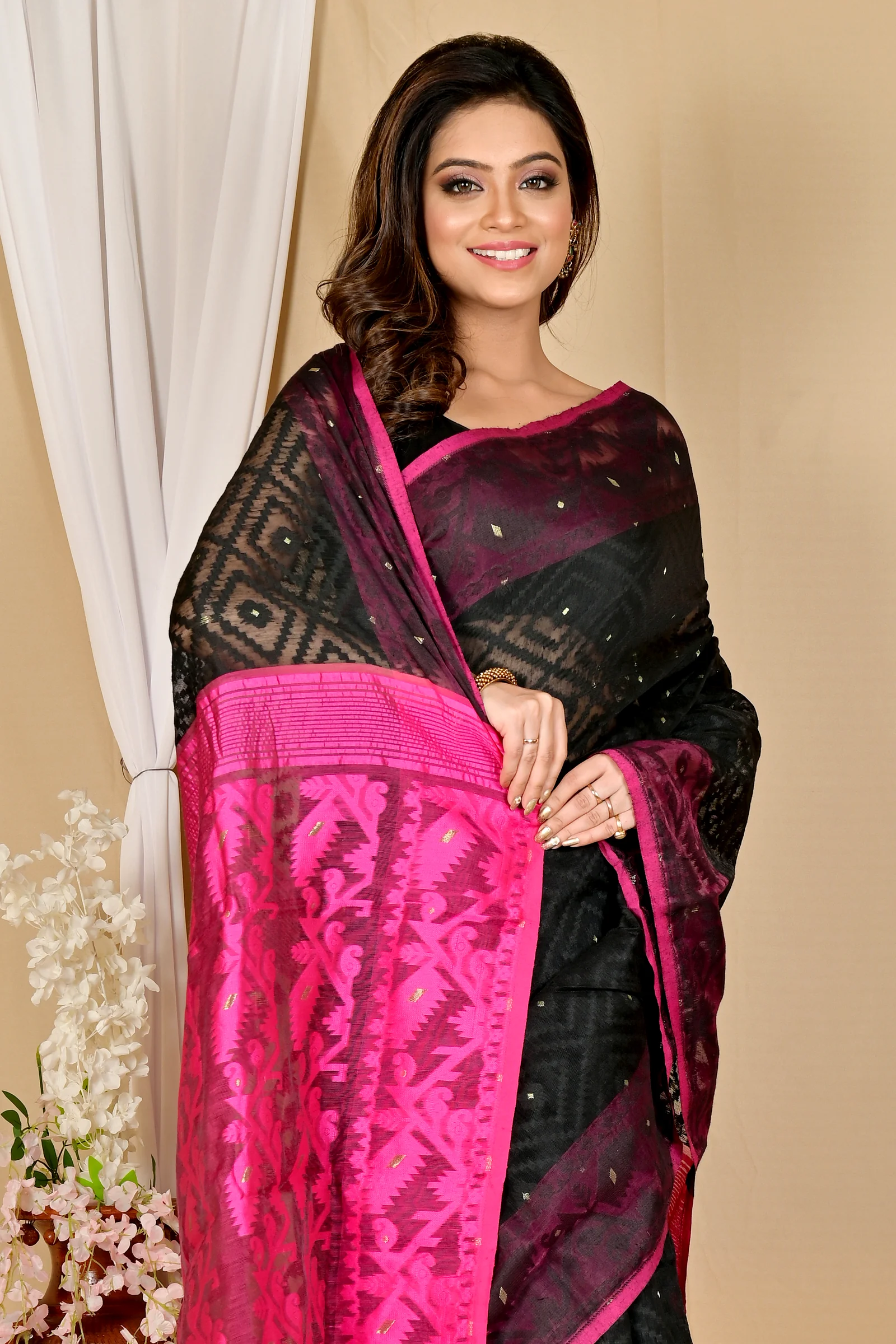 Black Purple Blended Cotton Krokai Jamdani Saree (1701)