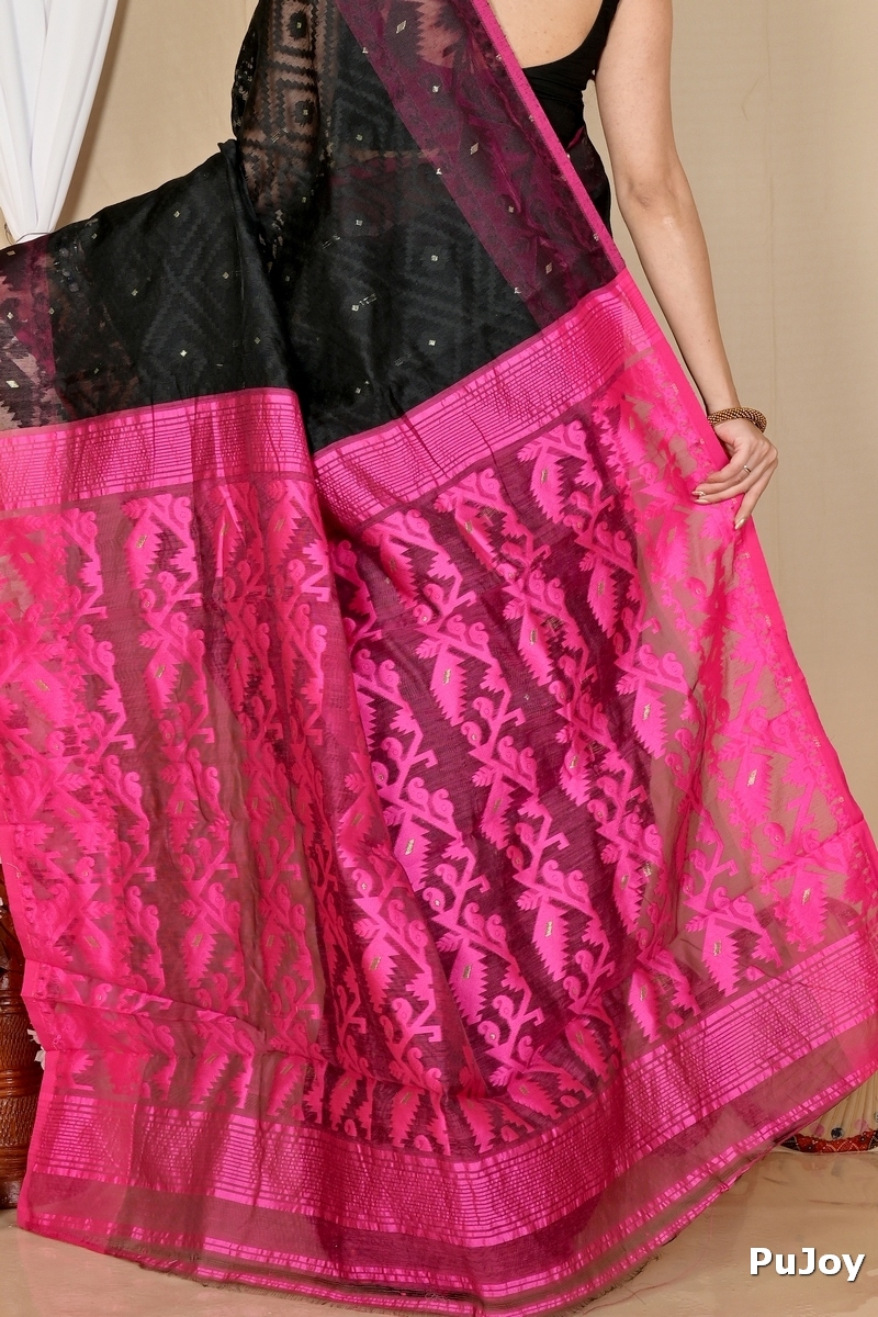 Black Purple Blended Cotton Krokai Jamdani Saree (1701)