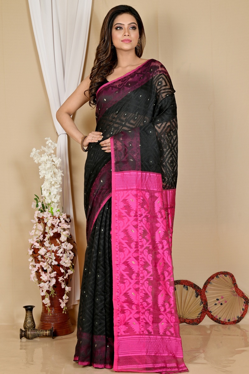 Black Purple Blended Cotton Krokai Jamdani Saree (1701)