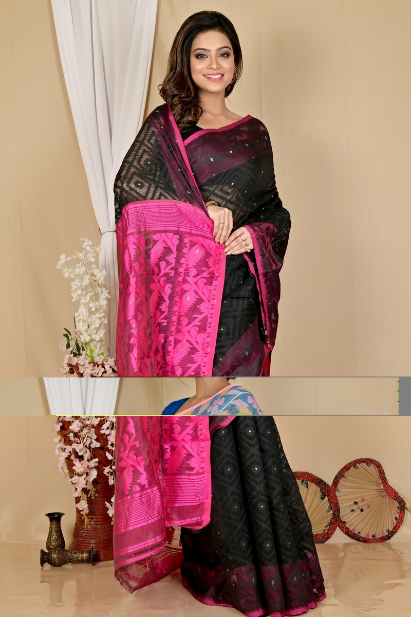 Black Purple Blended Cotton Krokai Jamdani Saree (1701)