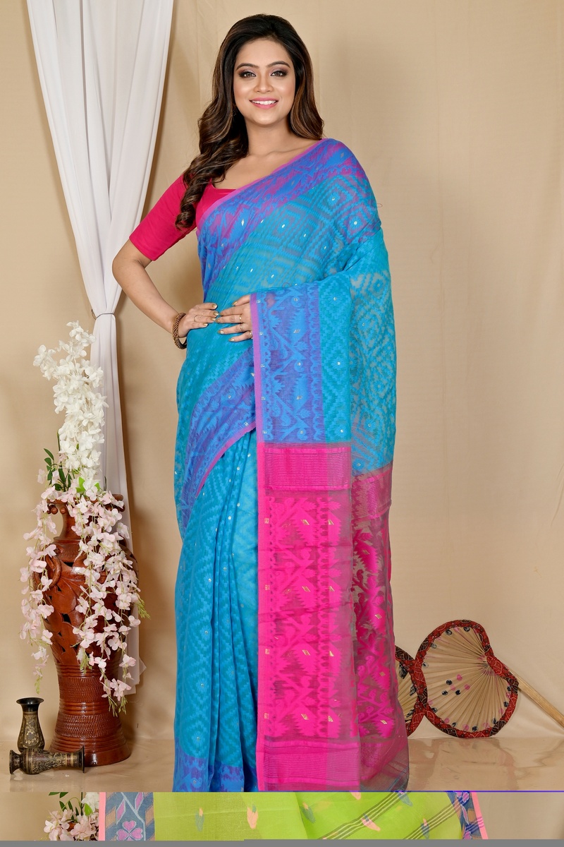 Blue Purple Blended Cotton Krokai Jamdani Saree (1702)