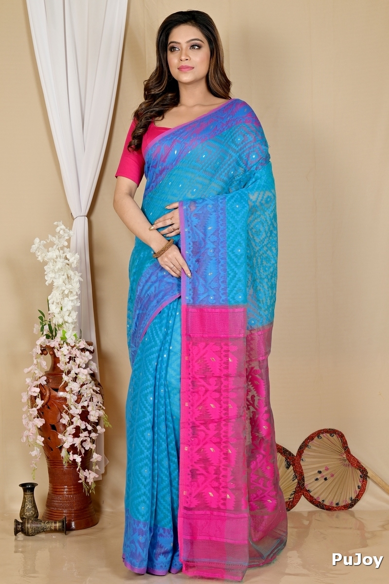 Blue Purple Blended Cotton Krokai Jamdani Saree (1702)