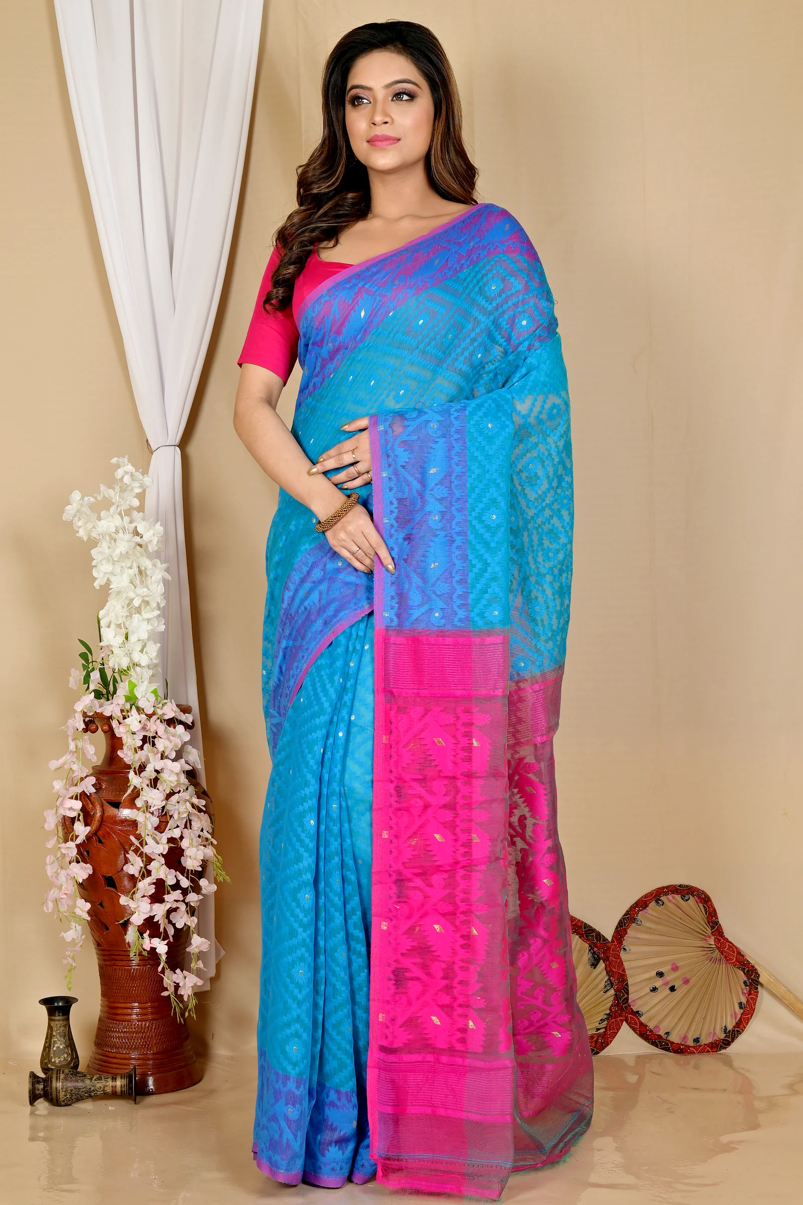 Blue Purple Blended Cotton Krokai Jamdani Saree (1702)