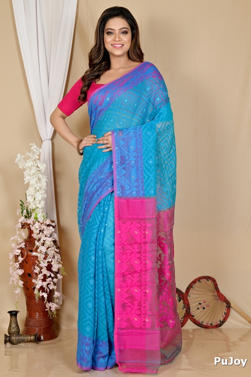 Blue Purple Blended Cotton Krokai Jamdani Saree (1702)