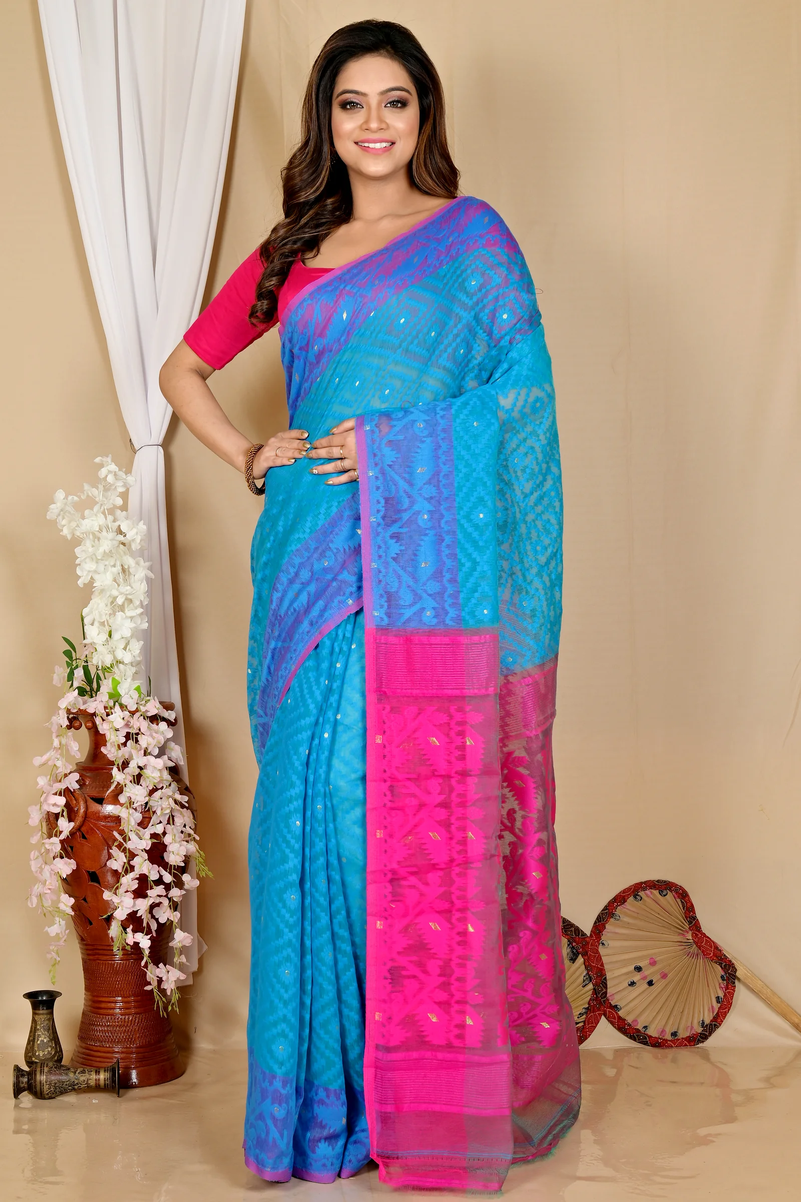Blue Purple Blended Cotton Krokai Jamdani Saree (1702)